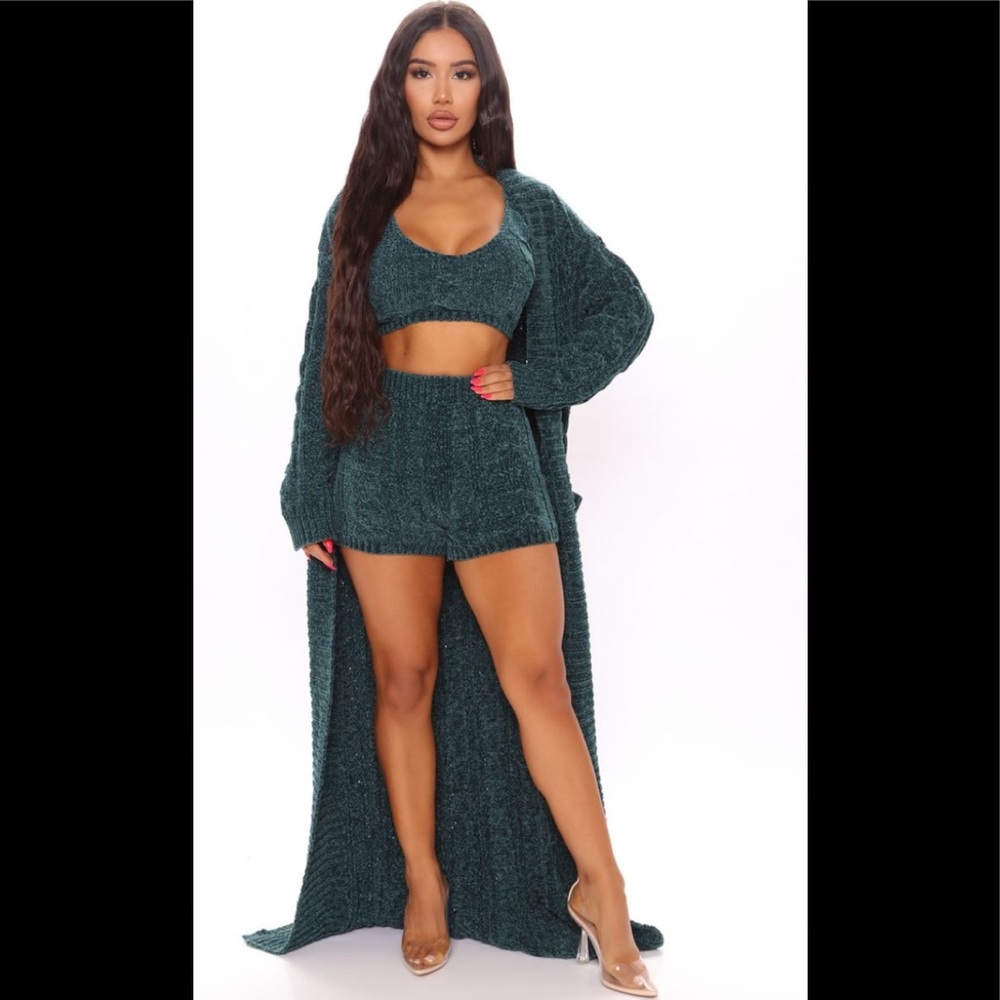 NWT Fashion Nova XL 3 Piece Hunter Green Knit Sweater Loungewear Short Set